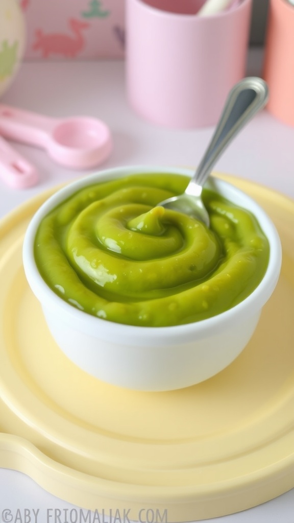 Smooth asparagus puree in a bowl with a spoon, surrounded by baby utensils.